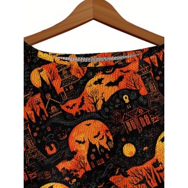 Plus Size, Women's Plus Size Oversized Off-the-Shoulder Sweater - Turquoise Blue, Orange, Black & White Bat Print Lightweight Sweater, Cute Bat Wing Collar & Boat Neck, Machine Washable Cozy Fall/Spring Sweater for Halloween, Christmas, Casual