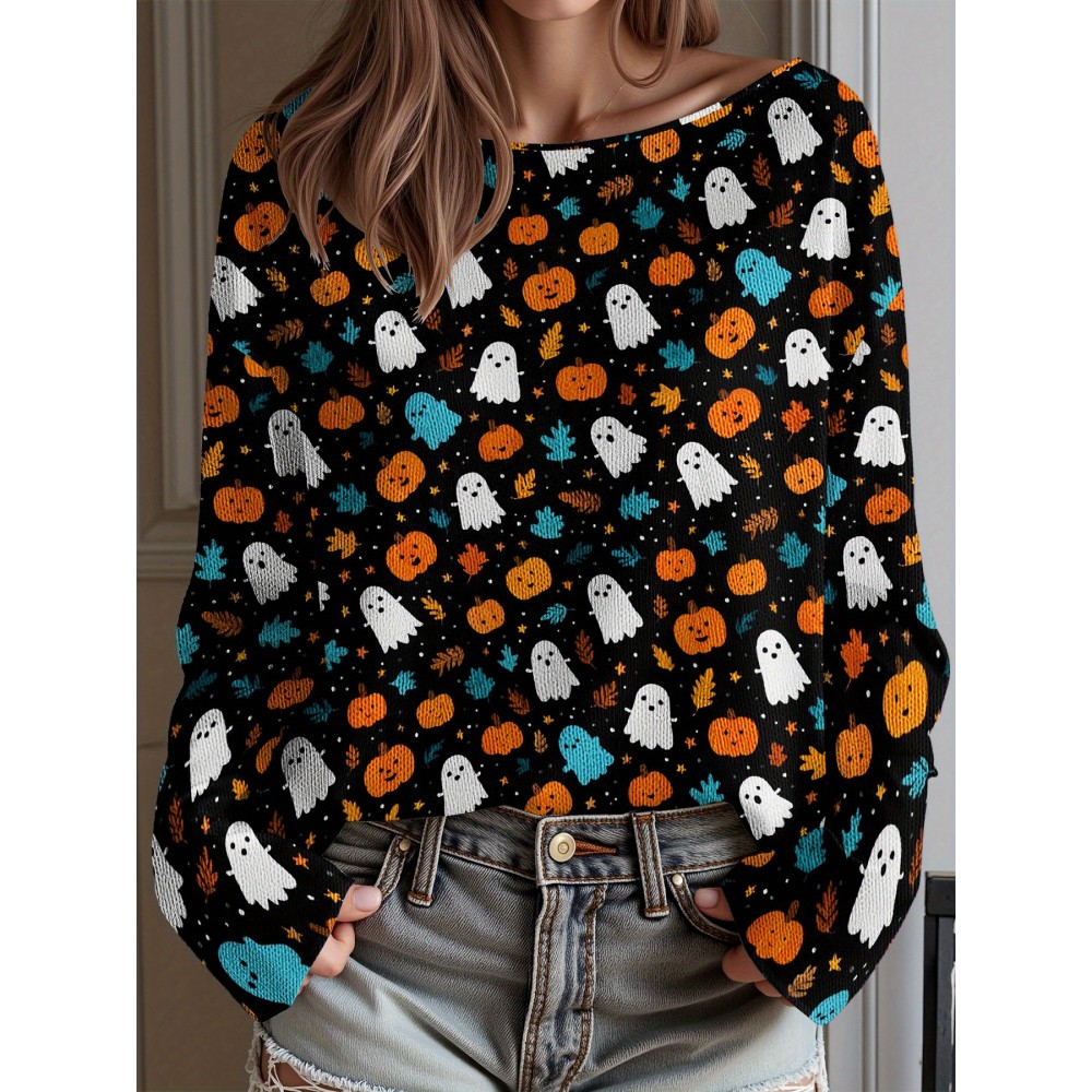 Plus Size, Women's Plus Size Oversized Off-the-Shoulder Sweater - Turquoise Blue, Orange, Black & White Bat Print Lightweight Sweater, Cute Bat Wing Collar & Boat Neck, Machine Washable Cozy Fall/Spring Sweater for Halloween, Christmas, Casual