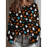 Plus Size, Women's Plus Size Oversized Off-the-Shoulder Sweater - Turquoise Blue, Orange, Black & White Bat Print Lightweight Sweater, Cute Bat Wing Collar & Boat Neck, Machine Washable Cozy Fall/Spring Sweater for Halloween, Christmas, Casual