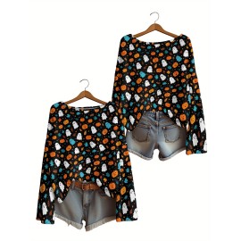 Plus Size, Women's Plus Size Oversized Off-the-Shoulder Sweater - Turquoise Blue, Orange, Black & White Bat Print Lightweight Sweater, Cute Bat Wing Collar & Boat Neck, Machine Washable Cozy Fall/Spring Sweater for Halloween, Christmas, Casual