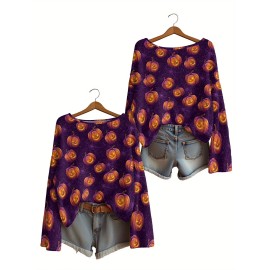 Plus Size, Women's Plus Size Oversized Off-the-Shoulder Sweater - Turquoise Blue, Orange, Black & White Bat Print Lightweight Sweater, Cute Bat Wing Collar & Boat Neck, Machine Washable Cozy Fall/Spring Sweater for Halloween, Christmas, Casual