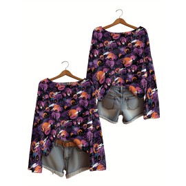 Plus Size, Women's Plus Size Oversized Off-the-Shoulder Sweater - Turquoise Blue, Orange, Black & White Bat Print Lightweight Sweater, Cute Bat Wing Collar & Boat Neck, Machine Washable Cozy Fall/Spring Sweater for Halloween, Christmas, Casual