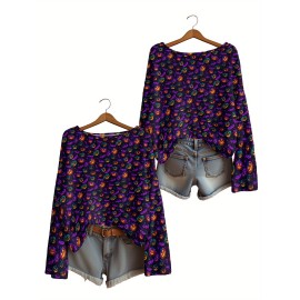 Plus Size, Women's Plus Size Oversized Off-the-Shoulder Sweater - Turquoise Blue, Orange, Black & White Bat Print Lightweight Sweater, Cute Bat Wing Collar & Boat Neck, Machine Washable Cozy Fall/Spring Sweater for Halloween, Christmas, Casual