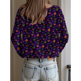 Plus Size, Women's Plus Size Oversized Off-the-Shoulder Sweater - Turquoise Blue, Orange, Black & White Bat Print Lightweight Sweater, Cute Bat Wing Collar & Boat Neck, Machine Washable Cozy Fall/Spring Sweater for Halloween, Christmas, Casual