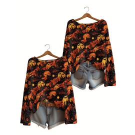 Plus Size, Women's Plus Size Oversized Off-the-Shoulder Sweater - Turquoise Blue, Orange, Black & White Bat Print Lightweight Sweater, Cute Bat Wing Collar & Boat Neck, Machine Washable Cozy Fall/Spring Sweater for Halloween, Christmas, Casual