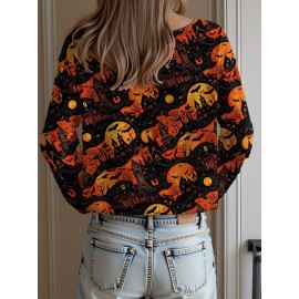 Plus Size, Women's Plus Size Oversized Off-the-Shoulder Sweater - Turquoise Blue, Orange, Black & White Bat Print Lightweight Sweater, Cute Bat Wing Collar & Boat Neck, Machine Washable Cozy Fall/Spring Sweater for Halloween, Christmas, Casual