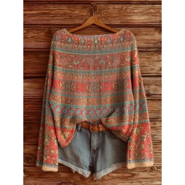 Plus Size, Women's 1970s Bohemian Topwear Vintage Round Neck Topwear with Multi-Color Floral Print (Pink/Yellow/Blue/Green/Brown/White/Black) | Machine Washable All-Season Layering Piece for Casual & Dressy Outfits