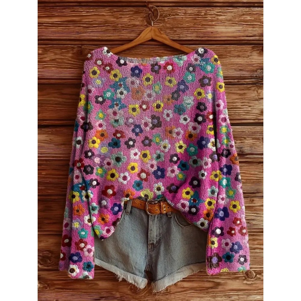 Plus Size, Women's 1970s Bohemian Topwear Vintage Round Neck Topwear with Multi-Color Floral Print (Pink/Yellow/Blue/Green/Brown/White/Black) | Machine Washable All-Season Layering Piece for Casual & Dressy Outfits