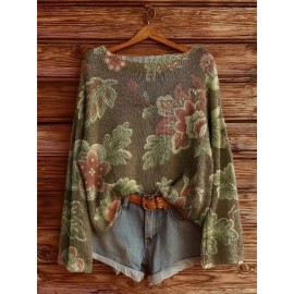 Plus Size, Women's 1970s Bohemian Topwear Vintage Round Neck Topwear with Multi-Color Floral Print (Pink/Yellow/Blue/Green/Brown/White/Black) | Machine Washable All-Season Layering Piece for Casual & Dressy Outfits