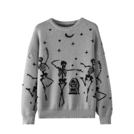 Plus Size - Women'S Oversized Gothic Dancing Skeletons & Bats Print Sweater - Long Sleeve Round Neck Pullover, Vibrant Orange Winter Warm Sweater for Halloween & Casual Attire, Cozy Fall Winter Sweater for Plus Size Women