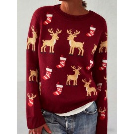 Plus Size, Women's Large Christmas Sweater Sweater Vest-like Top - Green Cable--Like Pattern with Tree & Snowflake Motifs, Long Sleeve Round Neck Pullover for Holiday Parties, Winter Casual Wear (Plus Size, Cozy -Like Texture) - Easy