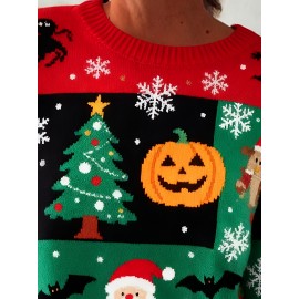 Plus Size, Women's Large Christmas Sweater Sweater Vest-like Top - Green Cable--Like Pattern with Tree & Snowflake Motifs, Long Sleeve Round Neck Pullover for Holiday Parties, Winter Casual Wear (Plus Size, Cozy -Like Texture) - Easy