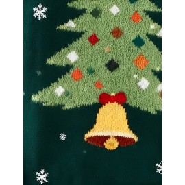 Plus Size, Women's Large Christmas Sweater Sweater Vest-like Top - Green Cable--Like Pattern with Tree & Snowflake Motifs, Long Sleeve Round Neck Pullover for Holiday Parties, Winter Casual Wear (Plus Size, Cozy -Like Texture) - Easy