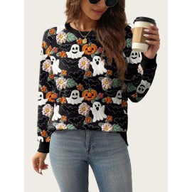 Plus Size - A/W New Ghost Pumpkin Sweater | Halloween Plus Size, Crew Neck, Elegant Style, Slight Stretch Fabric