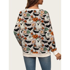 Plus Size - A/W New Ghost Pumpkin Sweater | Halloween Plus Size, Crew Neck, Elegant Style, Slight Stretch Fabric