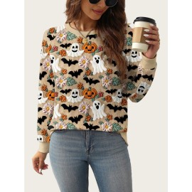 Plus Size - A/W New Ghost Pumpkin Sweater | Halloween Plus Size, Crew Neck, Elegant Style, Slight Stretch Fabric