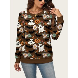 Plus Size - A/W New Ghost Pumpkin Sweater | Halloween Plus Size, Crew Neck, Elegant Style, Slight Stretch Fabric
