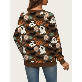 Plus Size - A/W New Ghost Pumpkin Sweater | Halloween Plus Size, Crew Neck, Elegant Style, Slight Stretch Fabric