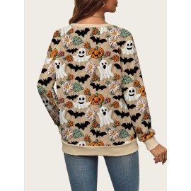 Plus Size - A/W New Ghost Pumpkin Sweater | Halloween Plus Size, Crew Neck, Elegant Style, Slight Stretch Fabric