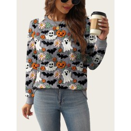 Plus Size - A/W New Ghost Pumpkin Sweater | Halloween Plus Size, Crew Neck, Elegant Style, Slight Stretch Fabric