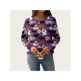 Plus Size - A/W New Ghost Pumpkin Sweater | Halloween Plus Size, Crew Neck, Elegant Style, Slight Stretch Fabric