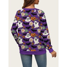 Plus Size - A/W New Ghost Pumpkin Sweater | Halloween Plus Size, Crew Neck, Elegant Style, Slight Stretch Fabric