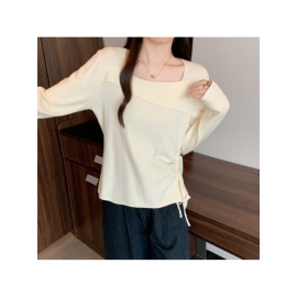 Plus Size, Autumn New Plus Size Square Collar Asymmetric Long-Sleeved Sweater Cinched Drawstring Bottoming Top