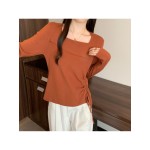 Plus Size, Autumn New Plus Size Square Collar Asymmetric Long-Sleeved Sweater Cinched Drawstring Bottoming Top