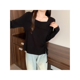 Plus Size, Autumn New Plus Size Square Collar Asymmetric Long-Sleeved Sweater Cinched Drawstring Bottoming Top