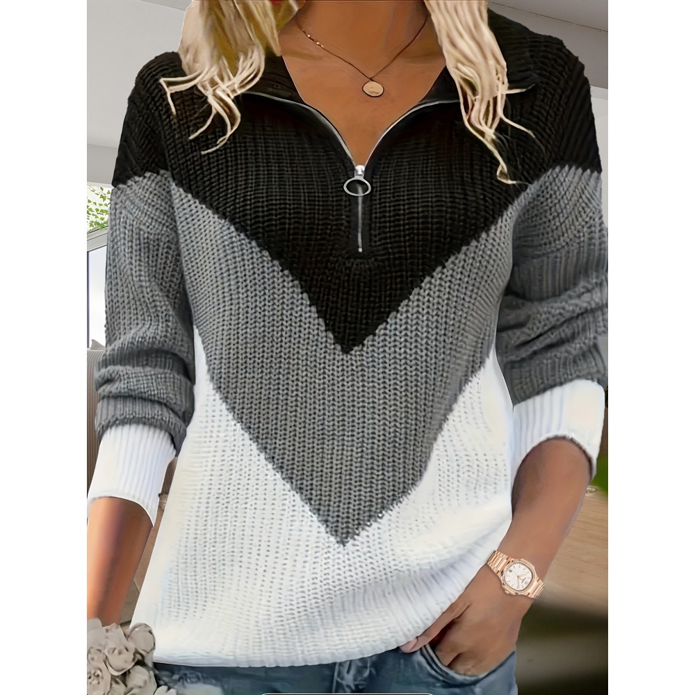 Plus Size, Plus Size- Plus Size- Plus Size- Women's Plus Size Color Block Sweater- V-Neck, Long Sleeve, Ribbed Texture, Black& White, Casual Fall/Winter Pullover with Button Detail, Casual Winter Wear| Vneck Sweater| Construction, Sweater Dress