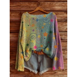 Plus Size - Women'S Fashion Off-the-Shoulder, One-Shoulder, and Boat Neck Sweaters-Women'S Oversized SweatersLoose Print Women'S Sweater- Long Sleeve Round Neck Top, Comfortable for Autumn and Winter, Breathable Loose Design