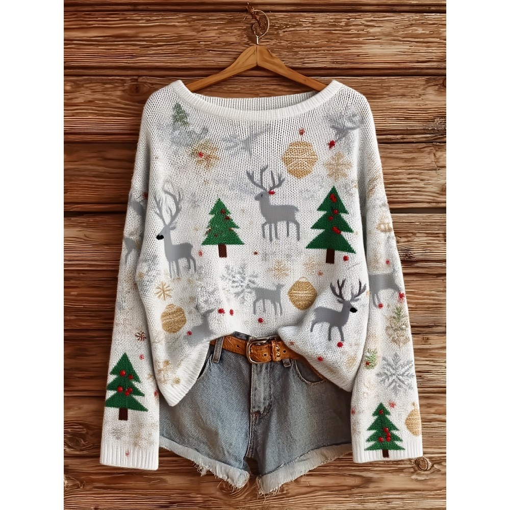 Plus Size, Women's Plus Size  Oversized Christmas Sweater - Boat Neck & Off-the-Shoulder/One-Shoulder Winter Sweater with Snowflake, Reindeer & Tree Patterns in Green, Golden, Red, - Soft Breathable Loose Fit Pullover Suitable for Holiday Parties &