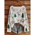 Plus Size, Women's Plus Size  Oversized Christmas Sweater - Boat Neck & Off-the-Shoulder/One-Shoulder Winter Sweater with Snowflake, Reindeer & Tree Patterns in Green, Golden, Red, - Soft Breathable Loose Fit Pullover Suitable for Holiday Parties &