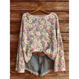 Plus Size, Women's Plus Size  Oversized Christmas Sweater - Boat Neck & Off-the-Shoulder/One-Shoulder Winter Sweater with Snowflake, Reindeer & Tree Patterns in Green, Golden, Red, - Soft Breathable Loose Fit Pullover Suitable for Holiday Parties &