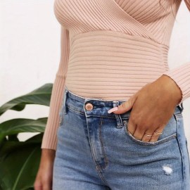 Womens Fashion Deep V Neck Sexy Wrap Sweater Long Sleeve Slim-Fitted Knitted Jumper Top