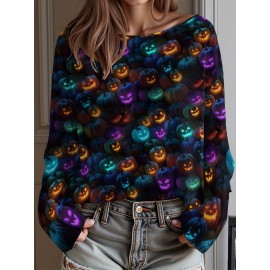 Plus Size - Women'S Fashion Off-the-Shoulder, One-Shoulder, and Boat Neck Sweaters-Personalized oversized sweater Halloween Party Women Sweater Soft Loose Pullover Thin Material Wearing During Trick-or-Treating Comfortable and Festive Atmosphere