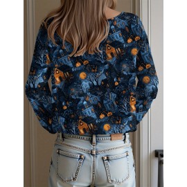 Plus Size - Women'S Fashion Off-the-Shoulder, One-Shoulder, and Boat Neck Sweaters-Personalized oversized sweater Halloween Party Women Sweater Soft Loose Pullover Thin Material Wearing During Trick-or-Treating Comfortable and Festive Atmosphere