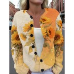 Plus Size, Plus Size Women's 3D All-Over Sunflower Print Cardigan Sweater - Oversized Collar & Button-Front Jacket, /Golden/Yellow/Green Floral Coat for Fall/Winter Layering, Casual or Dressy Outfits (Machine Washable)