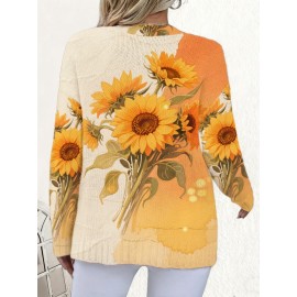 Plus Size, Plus Size Women's 3D All-Over Sunflower Print Cardigan Sweater - Oversized Collar & Button-Front Jacket, /Golden/Yellow/Green Floral Coat for Fall/Winter Layering, Casual or Dressy Outfits (Machine Washable)