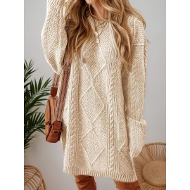 Plus Size - Beige Cable Diamond Drop-Shoulder Sweater Dress, Oversized Slouchy Mid-Length Sweater, Warm and Cozy, Suitable for Autumn and Winter