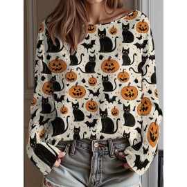Plus Size - Women'S Fashion Off-the-Shoulder, One-Shoulder, and Boat Neck Sweaters-Personalized oversized sweater Women'S Gothic Style Pink and Black Skull Print Sweater- Long Sleeve Loose Breathable Top with Ruffled Collar