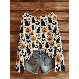 Plus Size - Women'S Fashion Off-the-Shoulder, One-Shoulder, and Boat Neck Sweaters-Personalized oversized sweater Women'S Gothic Style Pink and Black Skull Print Sweater- Long Sleeve Loose Breathable Top with Ruffled Collar