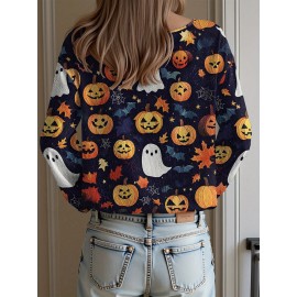 Plus Size - Women'S Fashion Off-the-Shoulder, One-Shoulder, and Boat Neck Sweaters-Personalized oversized sweater Women'S Gothic Style Pink and Black Skull Print Sweater- Long Sleeve Loose Breathable Top with Ruffled Collar