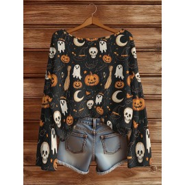 Plus Size - Women'S Fashion Off-the-Shoulder, One-Shoulder, and Boat Neck Sweaters-Personalized oversized sweater Women'S Gothic Style Pink and Black Skull Print Sweater- Long Sleeve Loose Breathable Top with Ruffled Collar