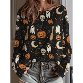 Plus Size - Women'S Fashion Off-the-Shoulder, One-Shoulder, and Boat Neck Sweaters-Personalized oversized sweater Women'S Gothic Style Pink and Black Skull Print Sweater- Long Sleeve Loose Breathable Top with Ruffled Collar