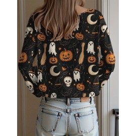 Plus Size - Women'S Fashion Off-the-Shoulder, One-Shoulder, and Boat Neck Sweaters-Personalized oversized sweater Women'S Gothic Style Pink and Black Skull Print Sweater- Long Sleeve Loose Breathable Top with Ruffled Collar