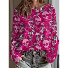 Plus Size - Women'S Fashion Off-the-Shoulder, One-Shoulder, and Boat Neck Sweaters-Personalized oversized sweater Women'S Gothic Style Pink and Black Skull Print Sweater- Long Sleeve Loose Breathable Top with Ruffled Collar