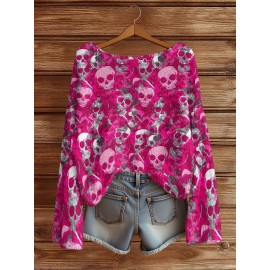 Plus Size - Women'S Fashion Off-the-Shoulder, One-Shoulder, and Boat Neck Sweaters-Personalized oversized sweater Women'S Gothic Style Pink and Black Skull Print Sweater- Long Sleeve Loose Breathable Top with Ruffled Collar