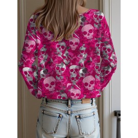 Plus Size - Women'S Fashion Off-the-Shoulder, One-Shoulder, and Boat Neck Sweaters-Personalized oversized sweater Women'S Gothic Style Pink and Black Skull Print Sweater- Long Sleeve Loose Breathable Top with Ruffled Collar