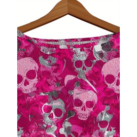 Plus Size - Women'S Fashion Off-the-Shoulder, One-Shoulder, and Boat Neck Sweaters-Personalized oversized sweater Women'S Gothic Style Pink and Black Skull Print Sweater- Long Sleeve Loose Breathable Top with Ruffled Collar